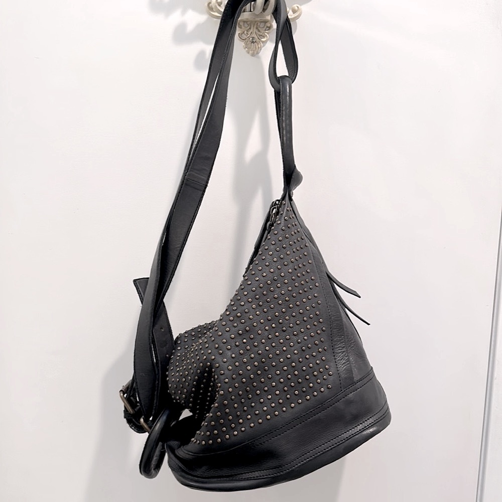 Studded Black Leather Backpack with Gold-Tone Accents - Picture 8 of 12